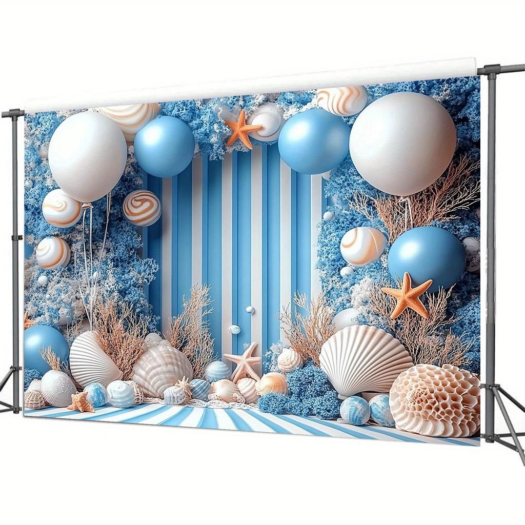 1 2D party background with an ocean theme, decorated in a beach holiday style, featuring shells, starfish and balloons