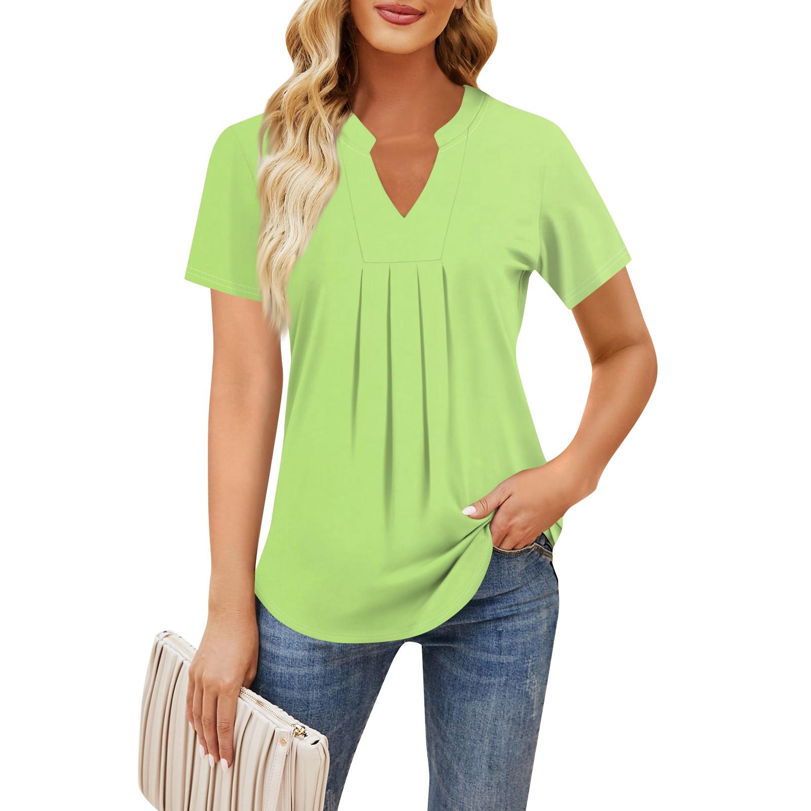 Женская повседневная свободная футболка с коротким рукавом и v-образным вырезом на груди — фото 8