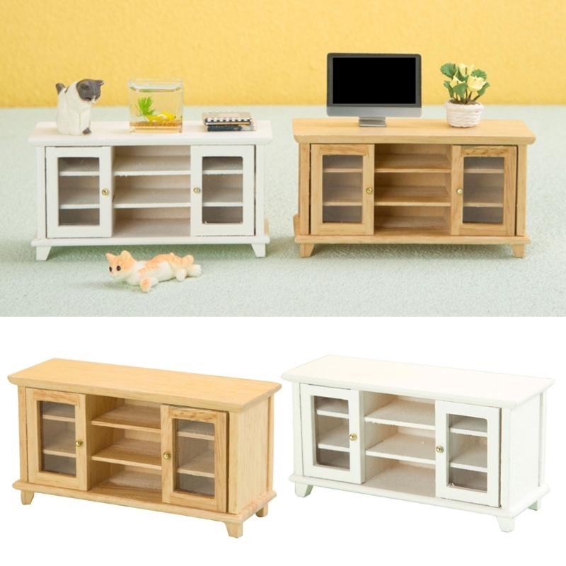 Fashionable Dollhouses Miniature Sturdy Wood TV Stand 1/12 Scale Living Room Furniture Pretend Play Accessory for Kids