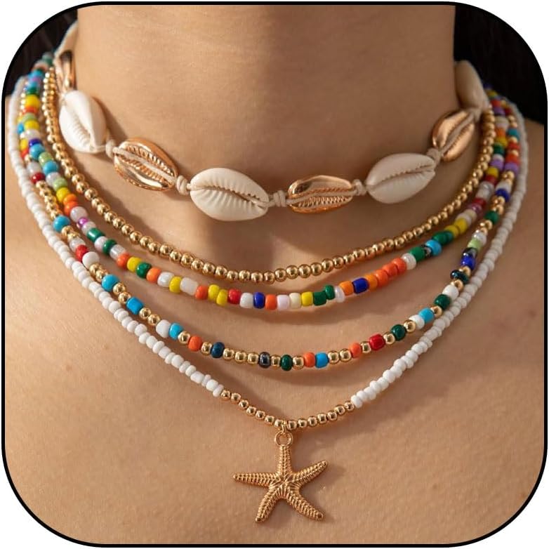 YANCHUN Shell Necklace Beach Jewelry for Women Sea Shell Necklace Layered Gold Shell Charm Necklaces Summer Outfits for Women Beach Fashion