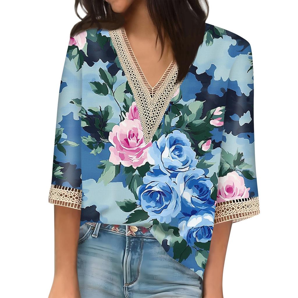 Women's Vintage Print Lace Top With Three-quarter Sleeves Top
