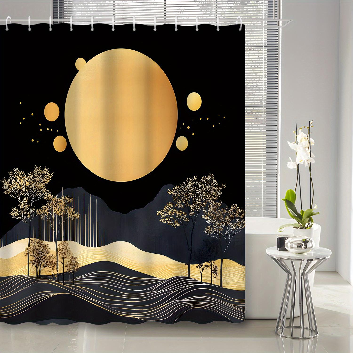 

1Pc Modern Simple Black And Golden Mountains And Trees Golden Sun Shower Curtain Partition Curtain, Including 12 Hooks W60H190(CM)-1 Pcs