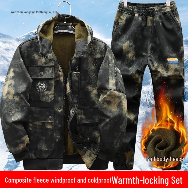 Men's Waterproof Camouflage Workwear: Thick, Plus Velvet for Autumn/Winter - Protective Jacket and Overalls.