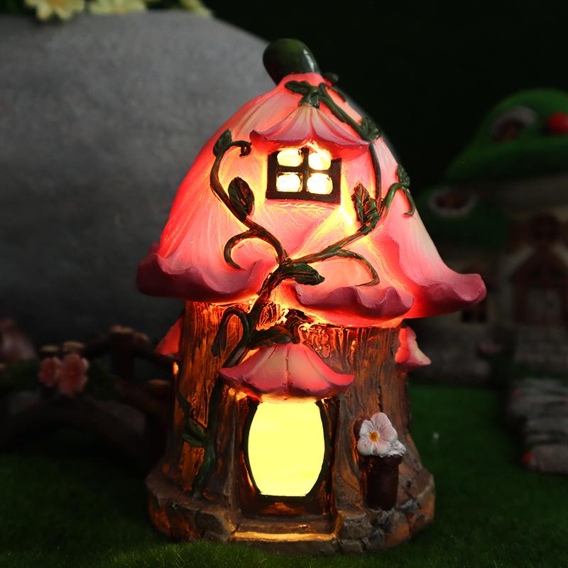 Creative Mushroom House & Flower House Ornaments Solar-Powered Garden Figurines, Yard Landscape Decor, Resin Handicrafts