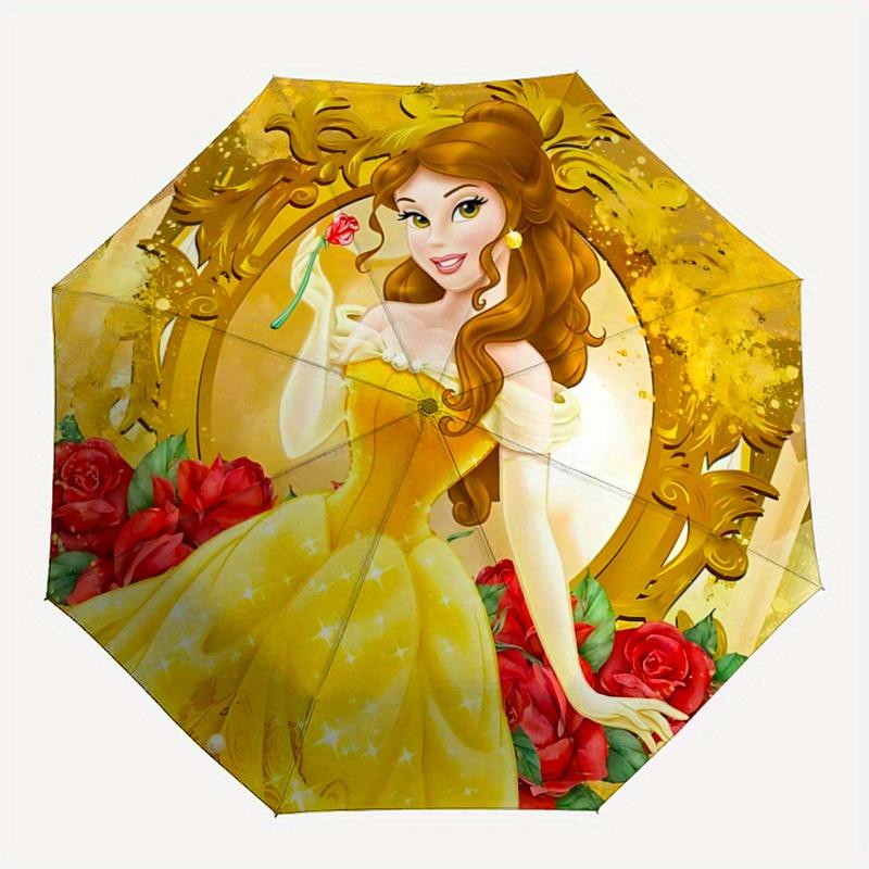 1pc Princess Belle Inspired Auto Open Close Umbrella - Portable 3-Fold Design with 8-Rib Iron Frame, Perfect for Outdoor Use, Festive Gifts,