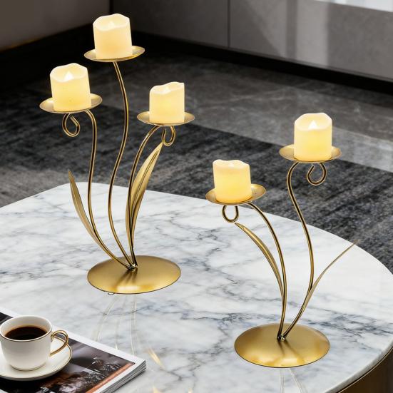Iron Tulip Candle Holder Decoration 3-Arm Flower Candlestick Home Office Living Room Metal Tealight Candle Stand Table Centerpiece Ornament