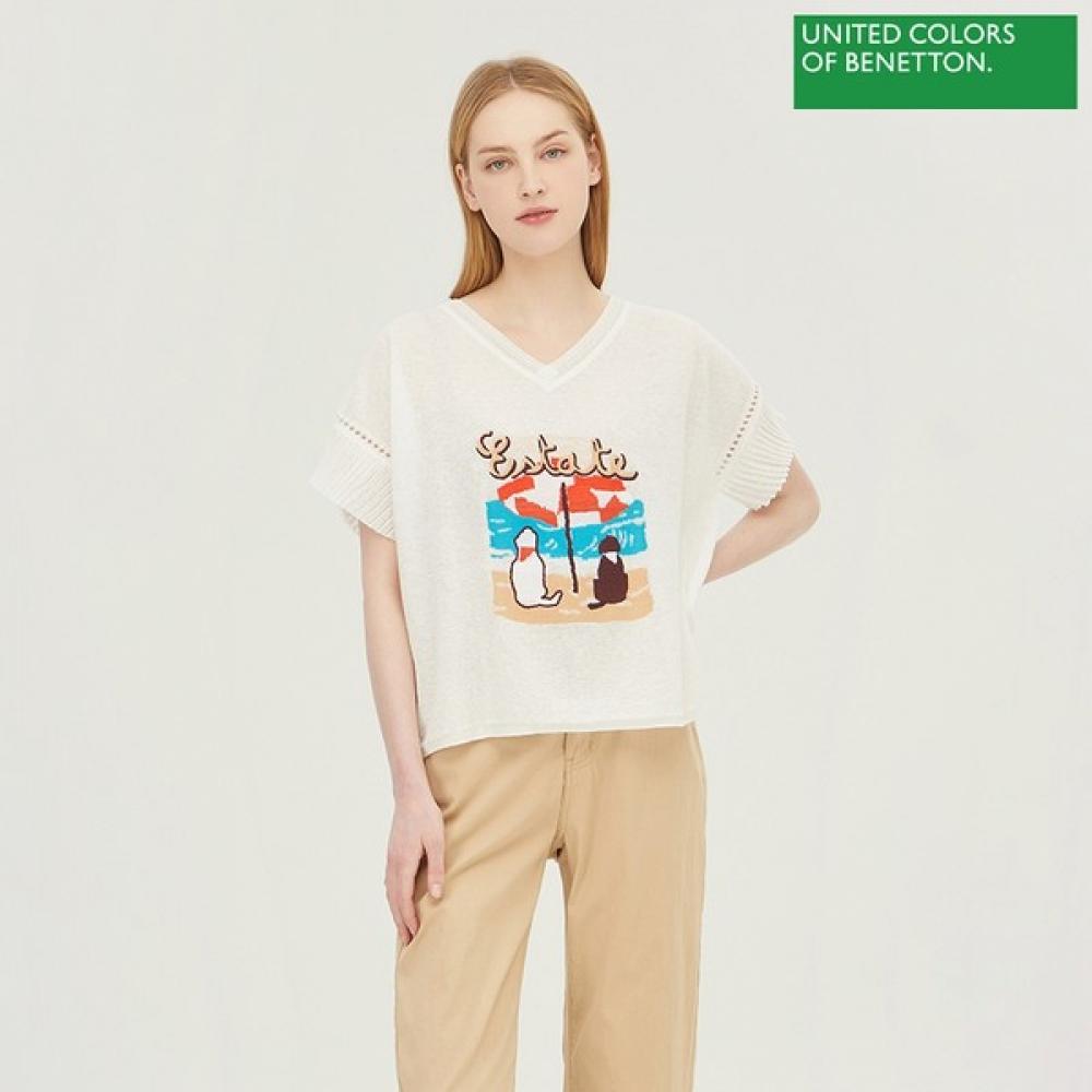 

Benetton Benetton Intarsia короткий рукав трикотаж Bakpc4431 Wh white/OS