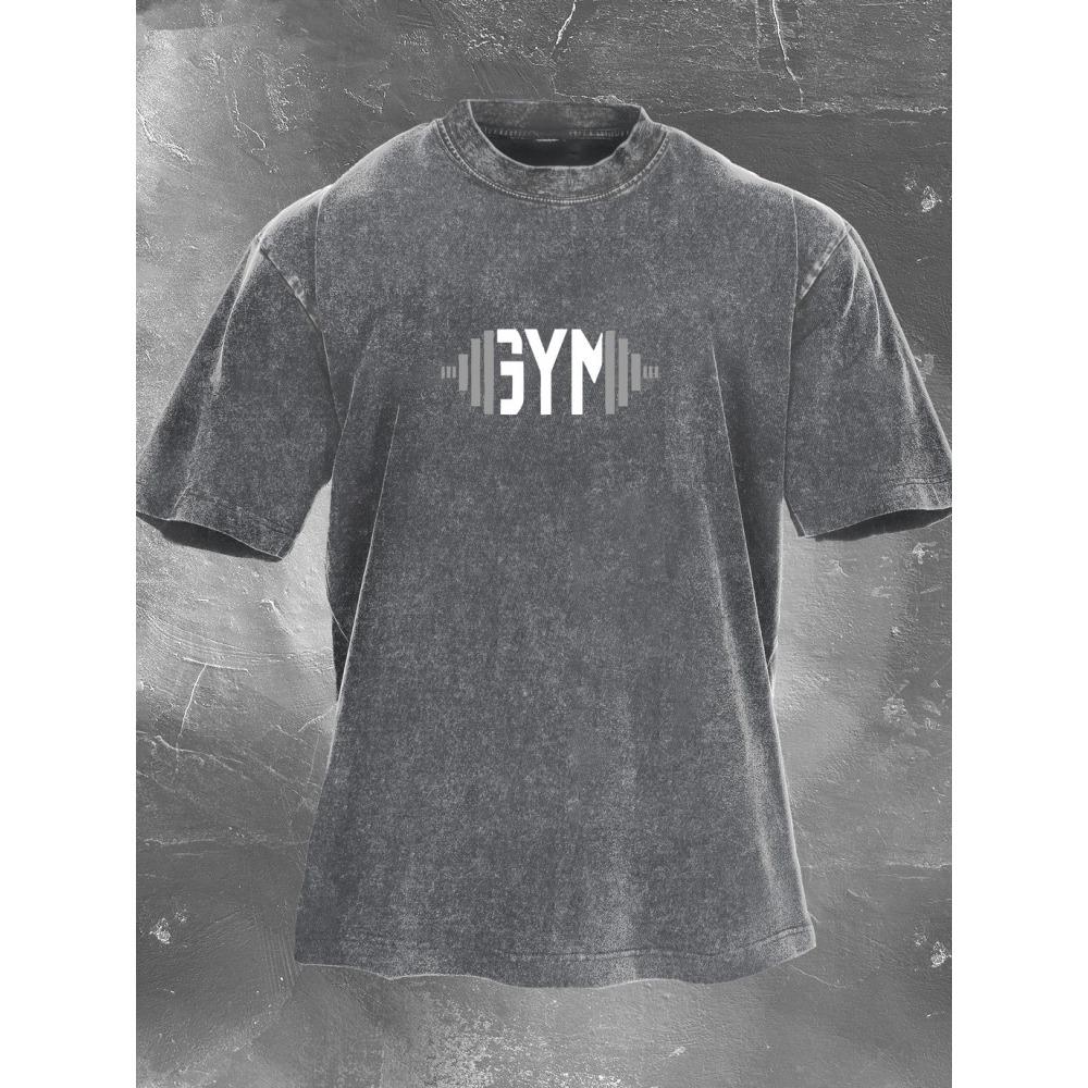 Vintage Washed Oversized GYM T-Shirt Barbell Graphic Workout Shirt Breathable Cotton Fitness Tee Bodybuilding Gym Clothing
