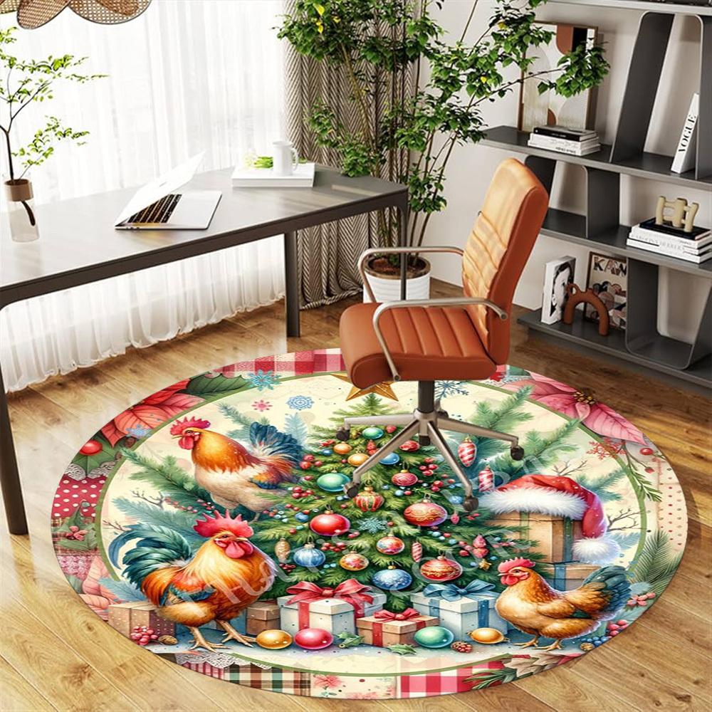 1PC Christmas Tree Rooster Office Round Area Rug, Under Office Chairs Bedroom Living Room Home Decor,Carpet for Office, -1110274