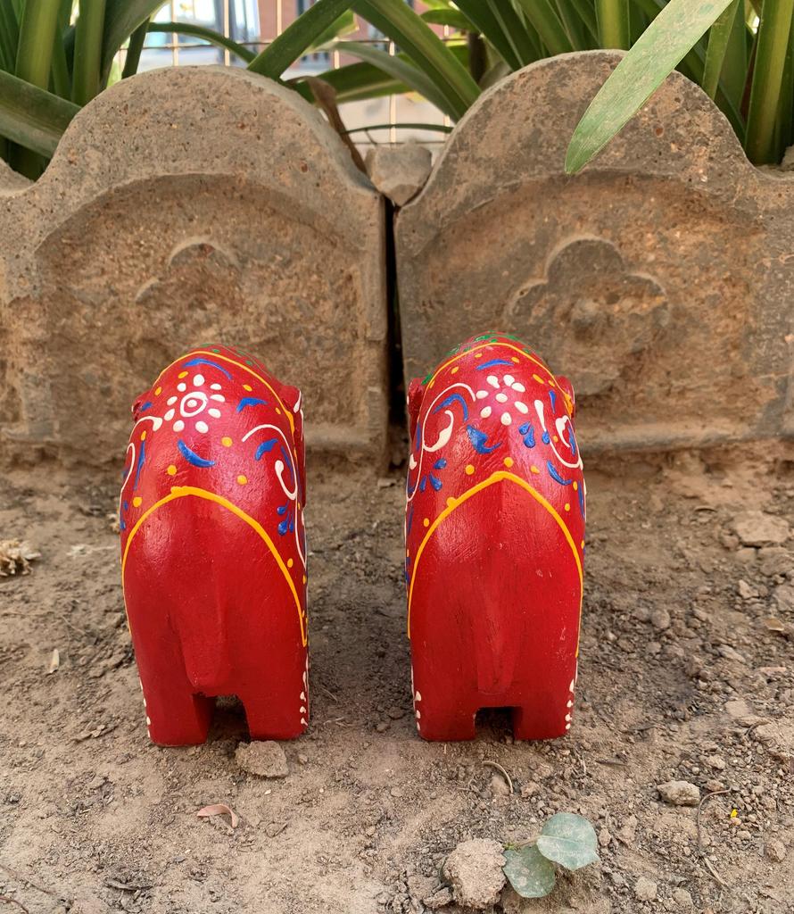 Red Appu Elephant Pair: Handcrafted Wooden Statues, Mini Animal