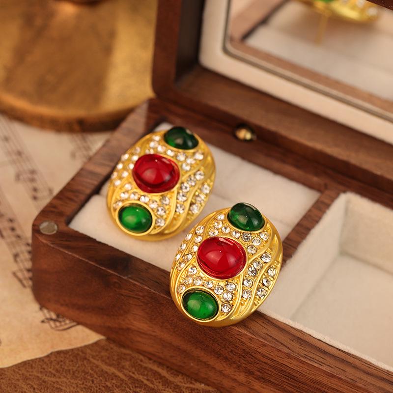 Vintage Retro Court-Style Two-Tone Oval Stud Earrings for Women