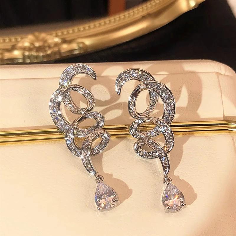 Huitan Trendy Waved Design Long Hanging Earrings for Women Luxury Silver Color CZ Crystal Dangle Earrings Wedding Party Jewelry