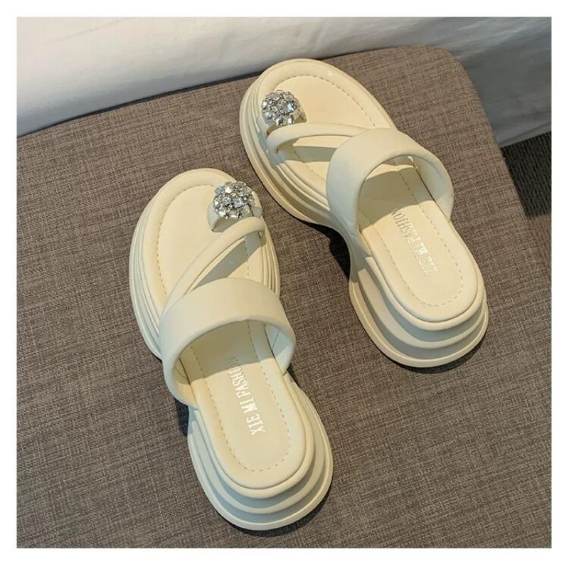 Thick-soled wear versatile cool slippers women s muffin toe shoes herringbone summer skirt new beach 40 бежевый