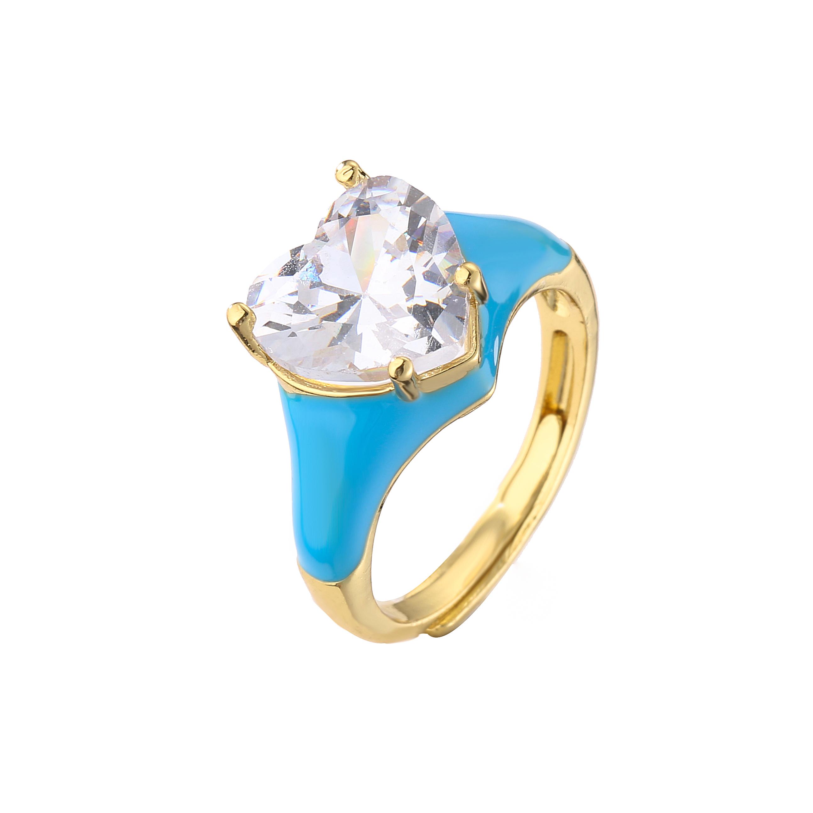 

HECHENG, Lovely Gold color Heart Enamel Ring for women Dripping Oil Heart women Ring Fashion opening rings Zircon Wholesale синій