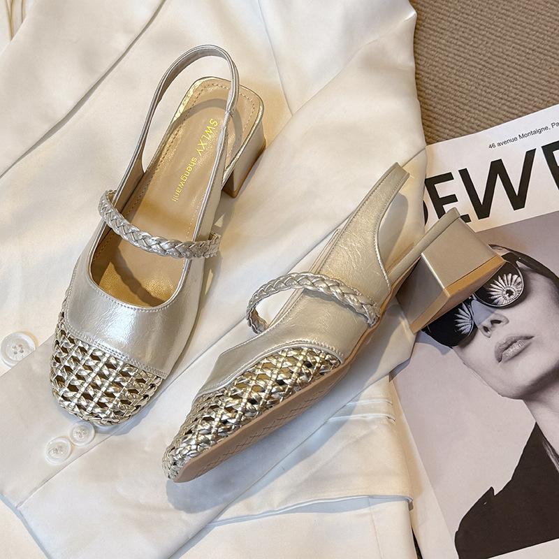 Casual versatile woven hollow fashion spring and summer shallow mouth women's shoes French square head word with summer high heel sandals