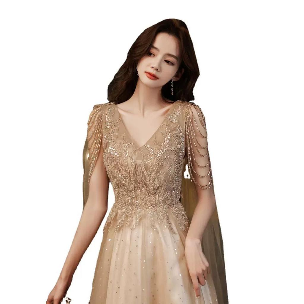 Toast clothes Bridal engagement evening dress Women's 1011 new art test light luxury long khaki V-neck bead dress