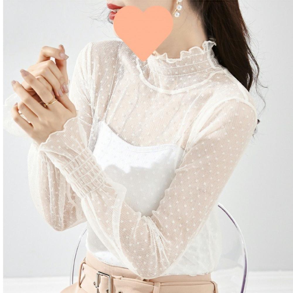 Women T-Shirt See Through Transparent Mesh Tops Long Sleeve Sheer Slim Ladies Turtleneck Silk Ruffled Edge T Shirt Lace Crop Top