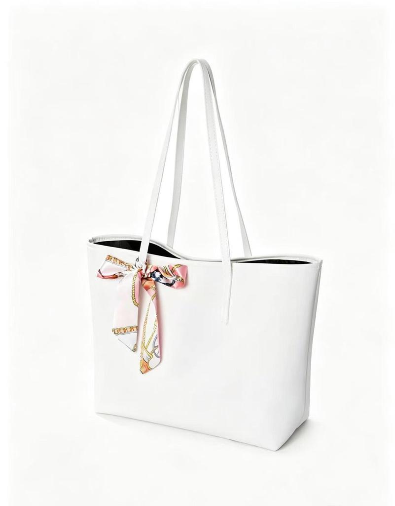 Fashionable Large Capacity Tote Bag with Lychee Pattern and Scarf Decoration - Solid Color Women's Shoulder Bag, 2024 Edition