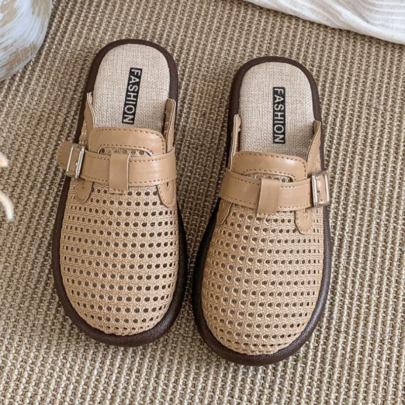 

Модные плетеные сетчатые женские тапочки Дизайнерские балетки Мюли Обувь 2025 Уютные женские сандалии Новые тренды Домашние шлепанцы Модные пляжные тапочки 42 хаки