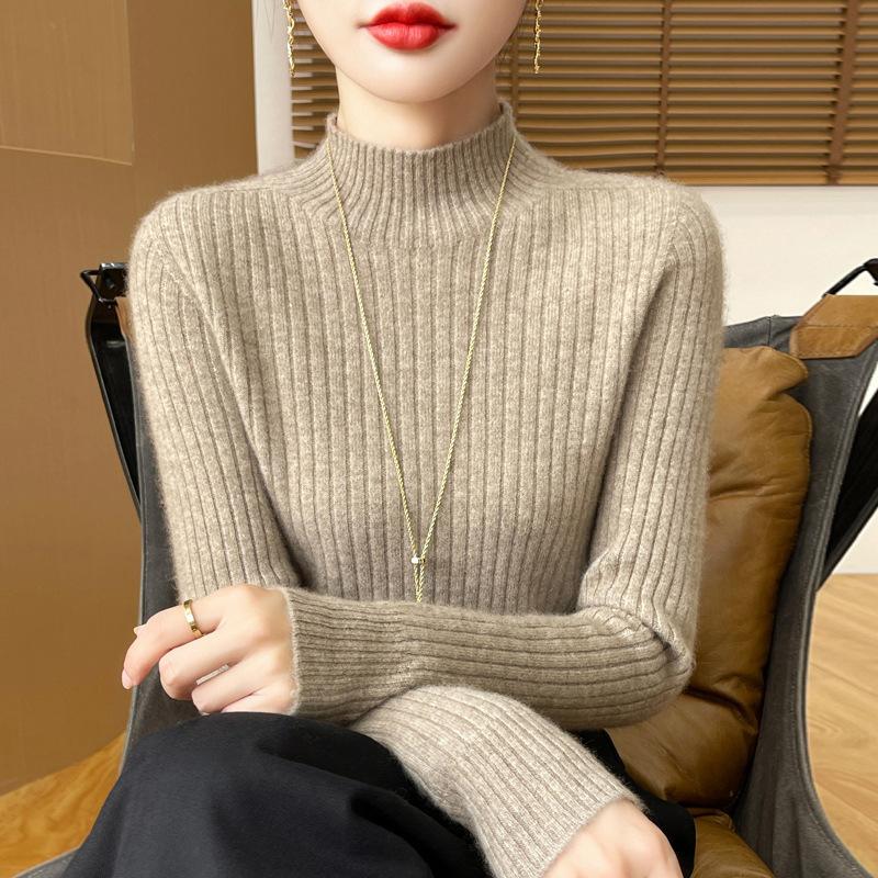 Half-high Neck Pit Stripe Sweater Women Fall and Winter Warm Inner Slim Thin Knit Sweater Bottoming Shirt