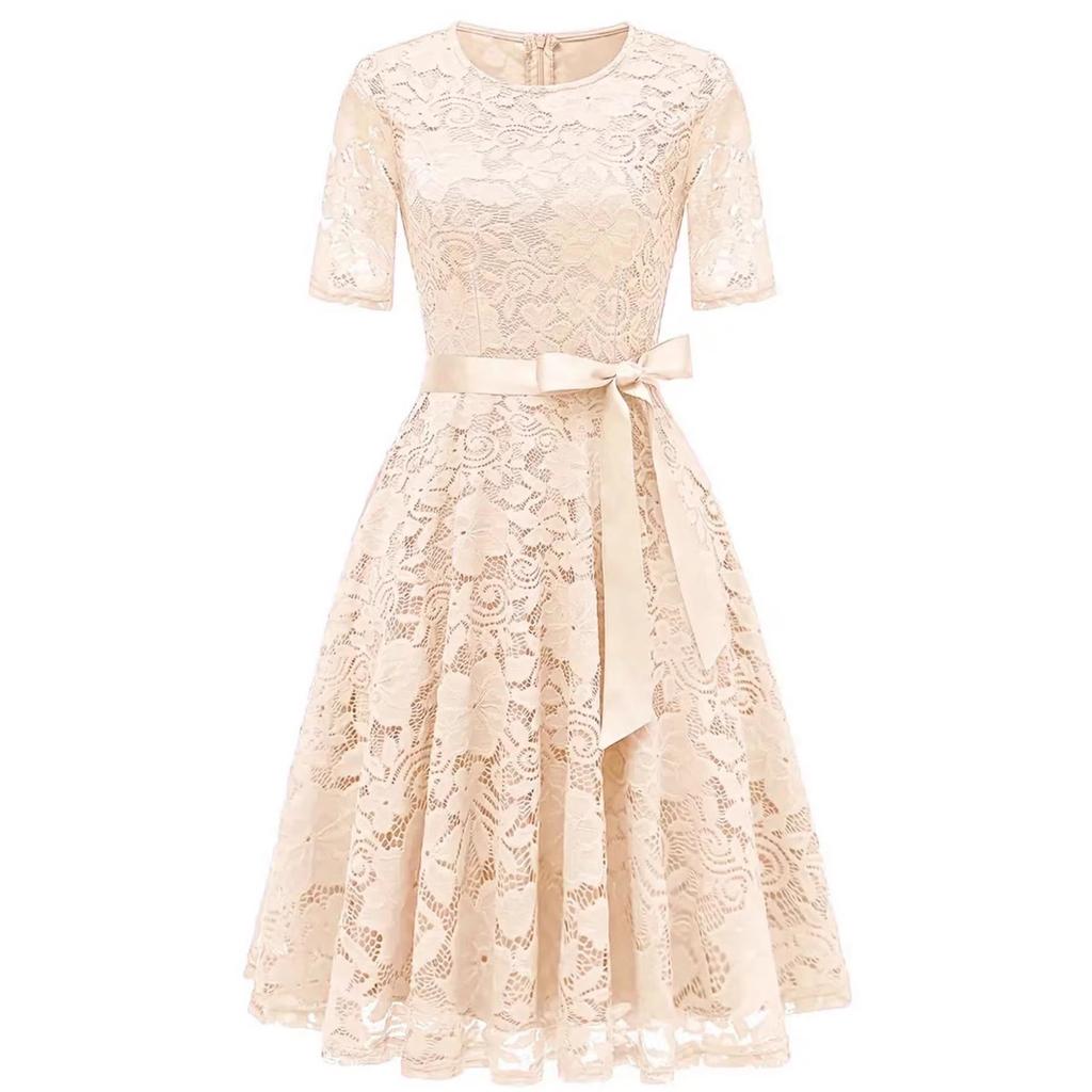 European, American spring and summer new fashion dress lace slim temperament bow dress