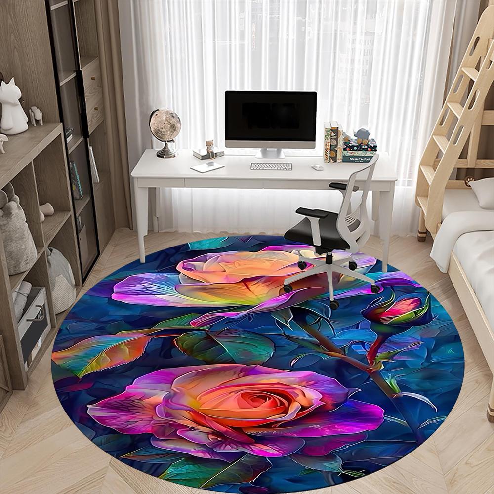 1PC Roses, Blooms Office Round Area Rug, Indoor Mat Suitable ForOffice, Under Office Chairs Bedroom Living Room Home Decor, Room Deco g031