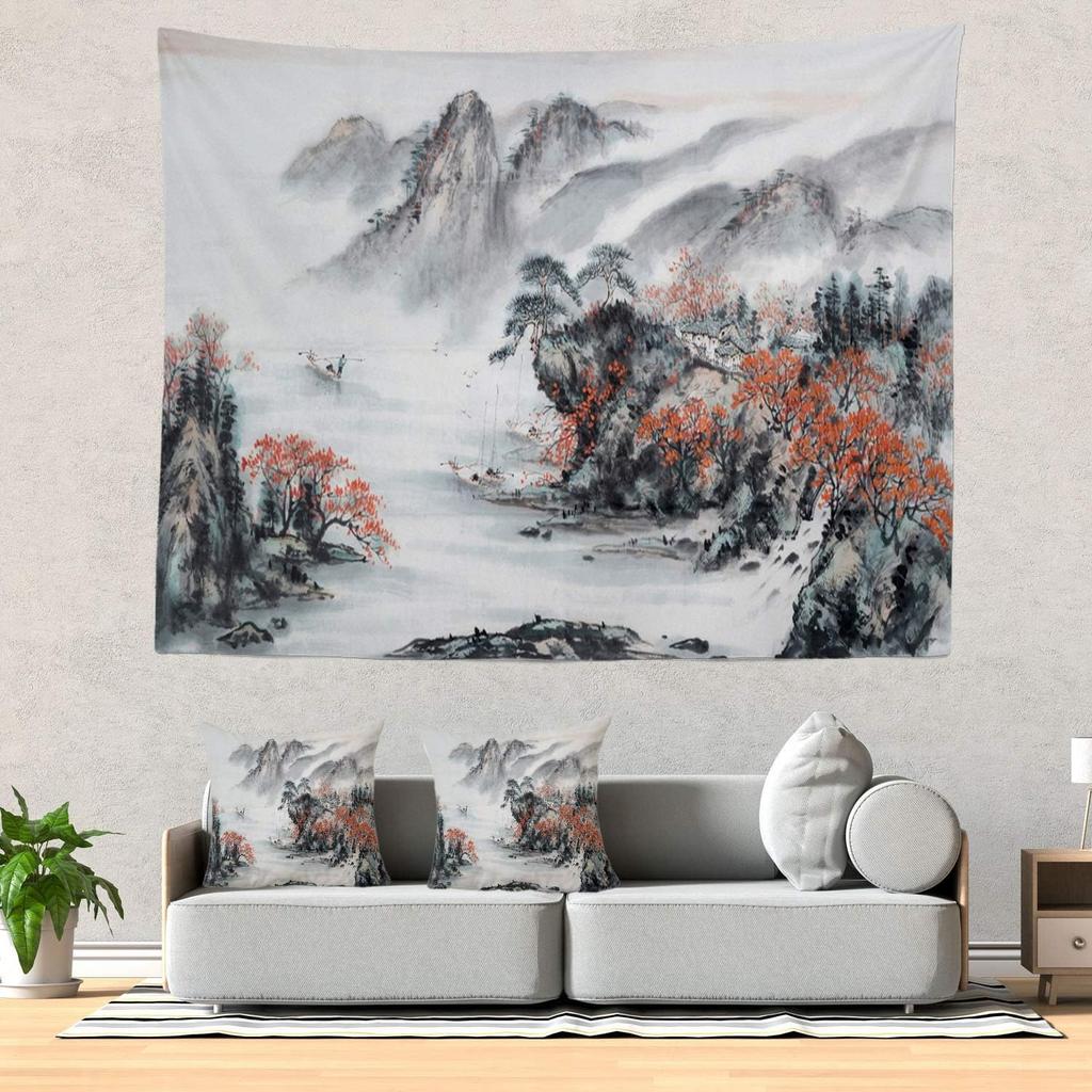 Rosa Kirschblüten Chinesische Landschaftsmalerei China Blüte Picknickmatte Hippie Trippy Wandteppich Wandkunst Dekor für Schlafzimmer Wohnzimmer