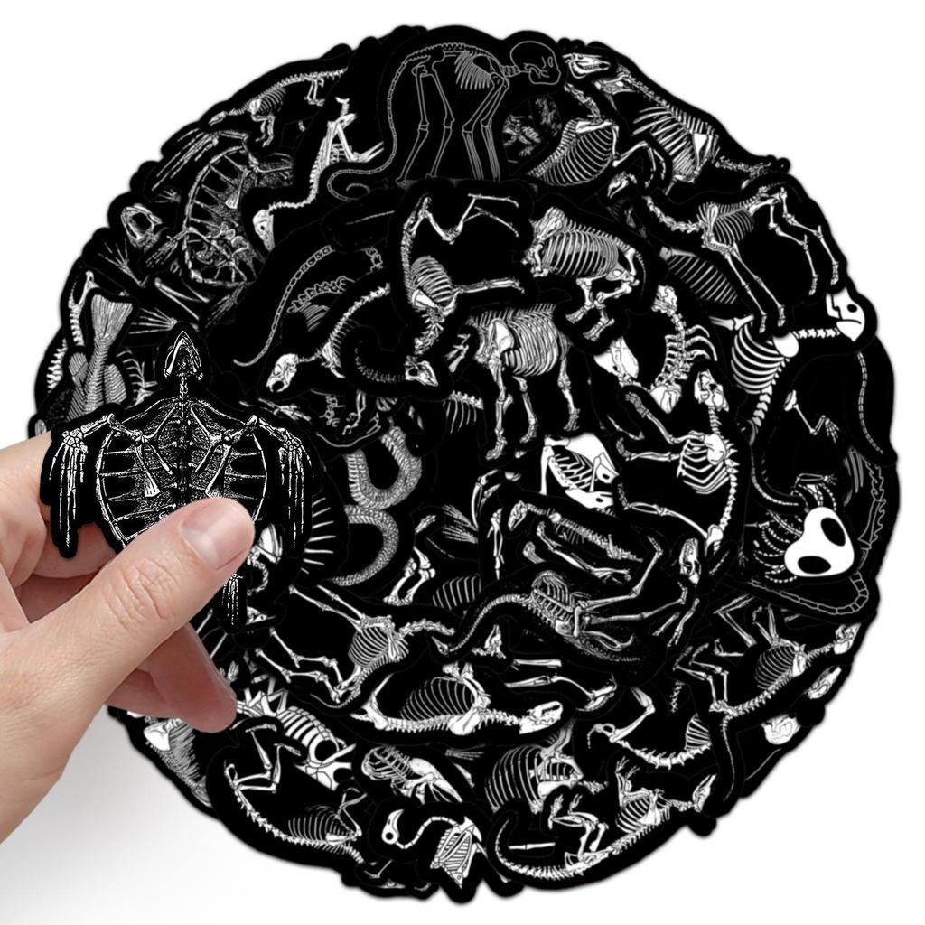 50 Animal Skeleton Graffiti Stickers: Black & White Waterproof Decals for Water Bottles, Phones, and Skateboards
