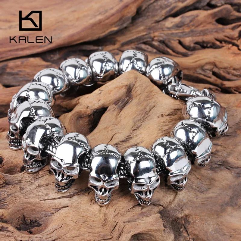 Kalen Skull Charm Men s Hand Bracelet Stainless Steel Punk Skeleton Male Wrap Metal Vintage Bangle European Punk Jewelry Gift 19cm