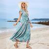 Bohemian Summer Beach Casual Vacation Floral Print Sleeveless V Neck A Line High Waist Lace Up Ankle Length Women Dress