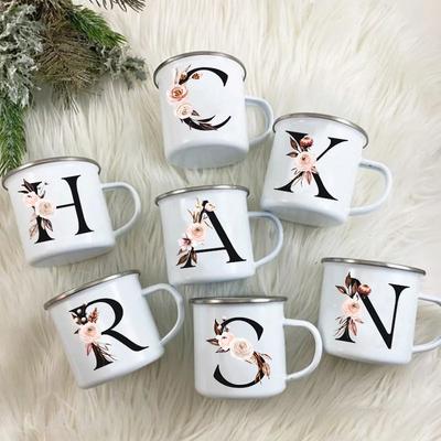 Initial Letter Print Mugs Enamel Creative Coffee Cups Drinks Wine Juice Milk Cup Vintage Home Office Handle Drinkware Best Gifts
