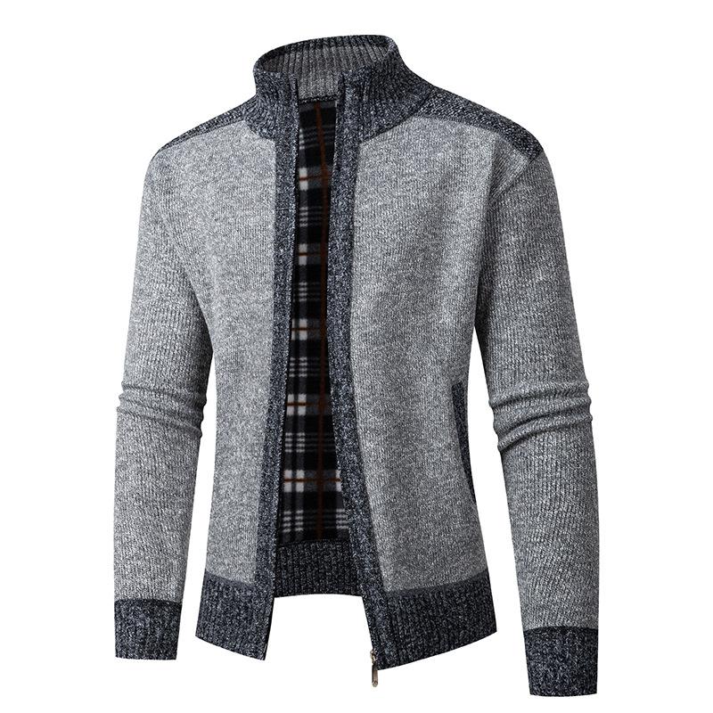 Autumn Winter New Style Men Stand Collar Color Block Outer Wear Cardigan Fleece Lined Thick Warm Knit Coat