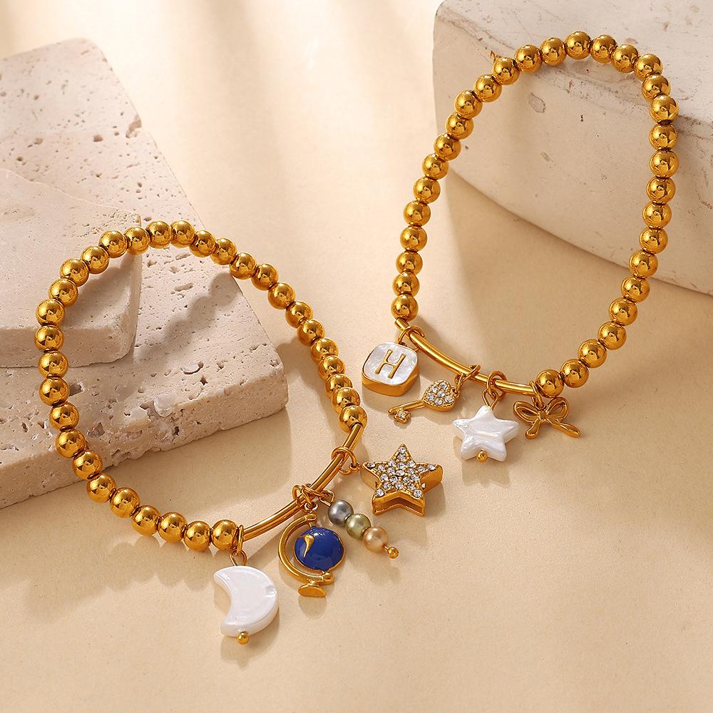 Retro Premium Sense · DIY Love Star Moon Pendant Gold Bead Bracelet Stainless Steel Gold Plated Jewelry