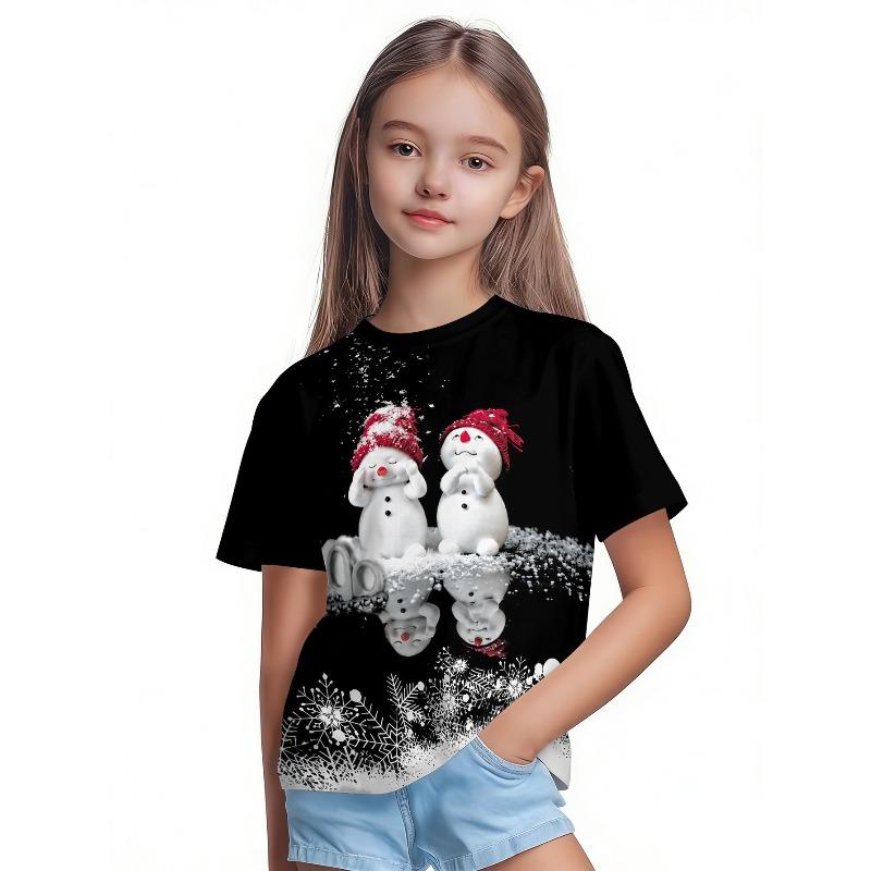T-Shirt Girls 3D Printed Christmas Featuring Santa Claus Short Sleeve O Neck Casual Christmas Clothes Girls Top