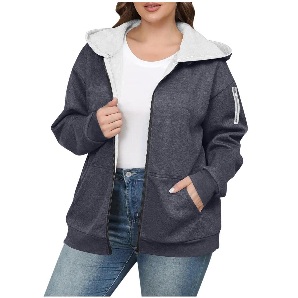 Women's Loose And Comfortable Zipper Hooded Solid Color Plus Size Jacket