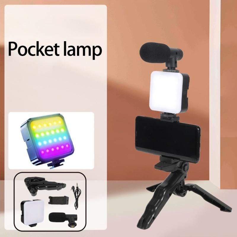 Starter Set for Most Smartphones Vlog Set with Tripod Light Microphone and Phone Clip for Video Calling Conference
