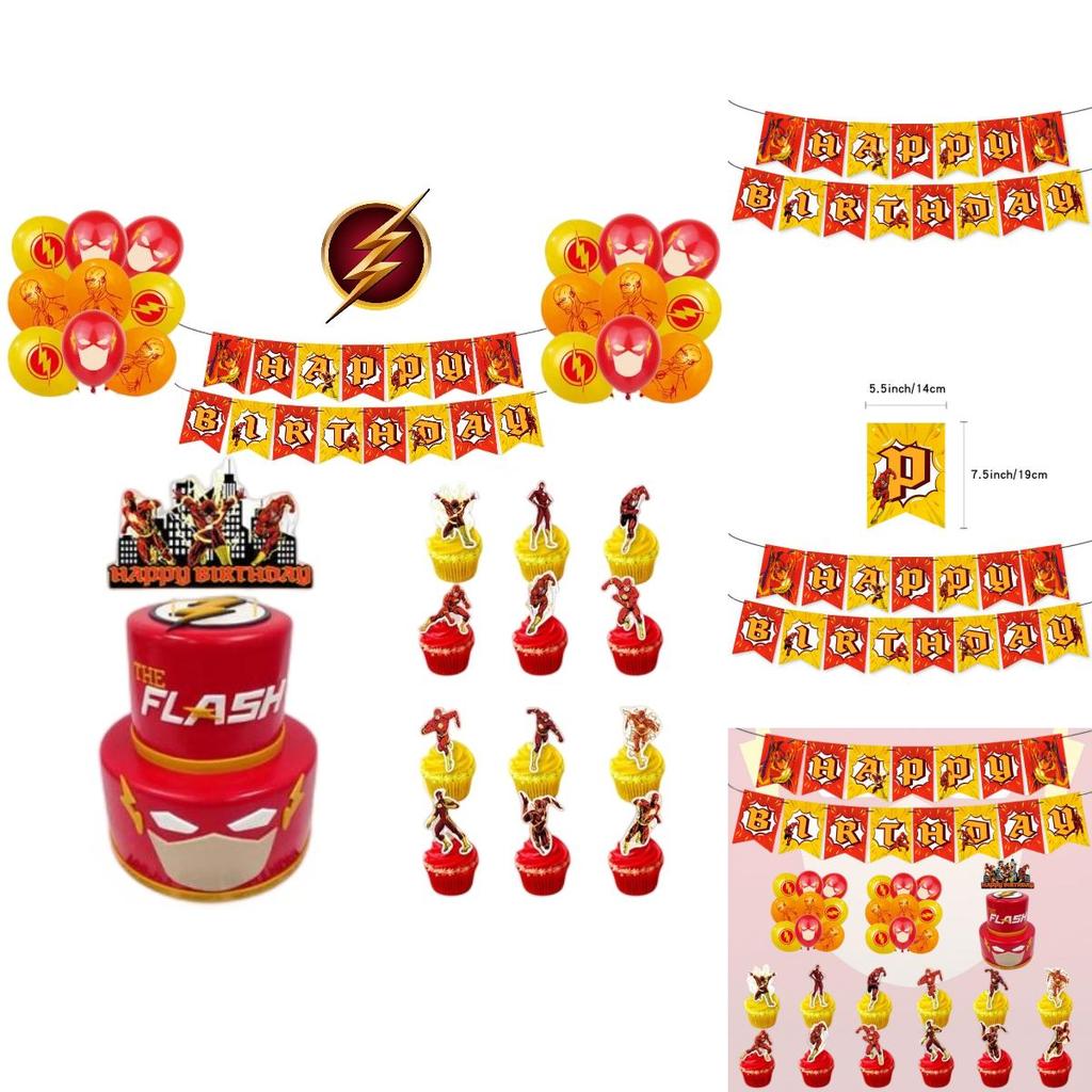 The Flash Themed Birthday Party Decorations Set With Banner, Cake Topper, And Balloons