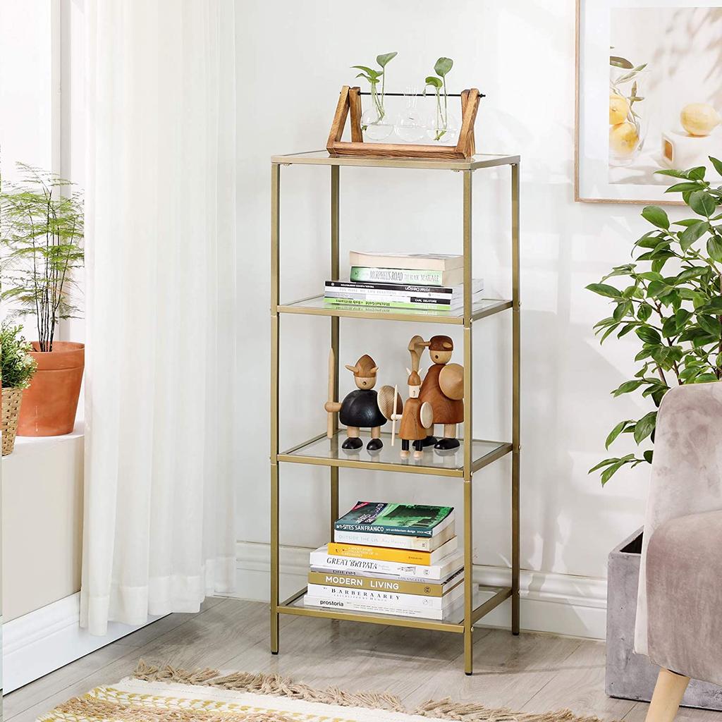 VASAGLE Bathroom Storage Shelf, Tempered Glass Storage Rack, 4-Tier Storage Unit, Sturdy, Easy To Assemble, for Living Room, Bedroom, Office, Golden