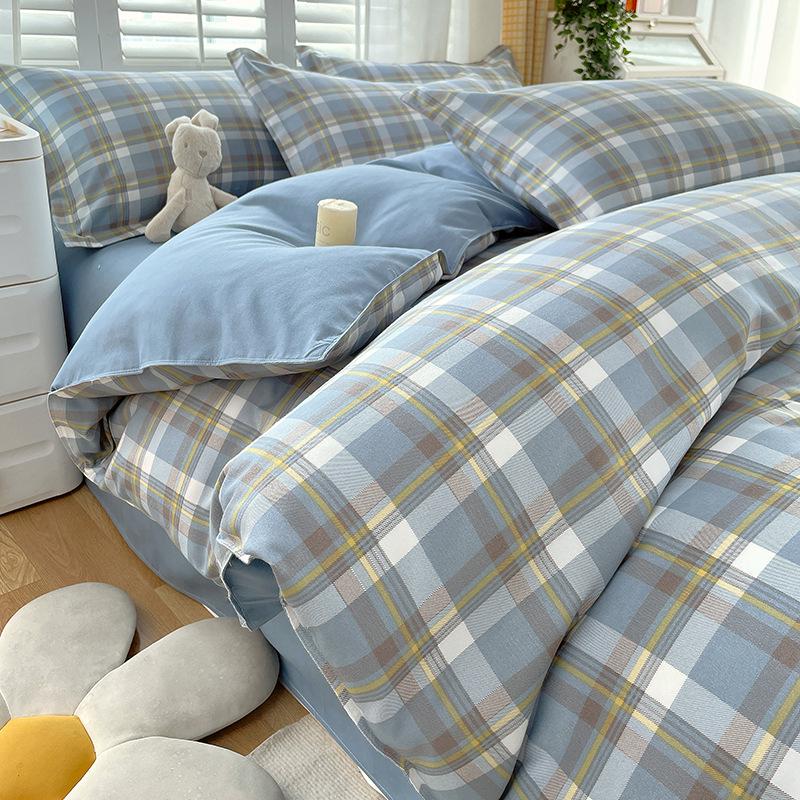 Muji Japanese Washed Cotton Flannel Plaid Bedding Set - 4 Pieces, Good Quality, Student Dormitory Style