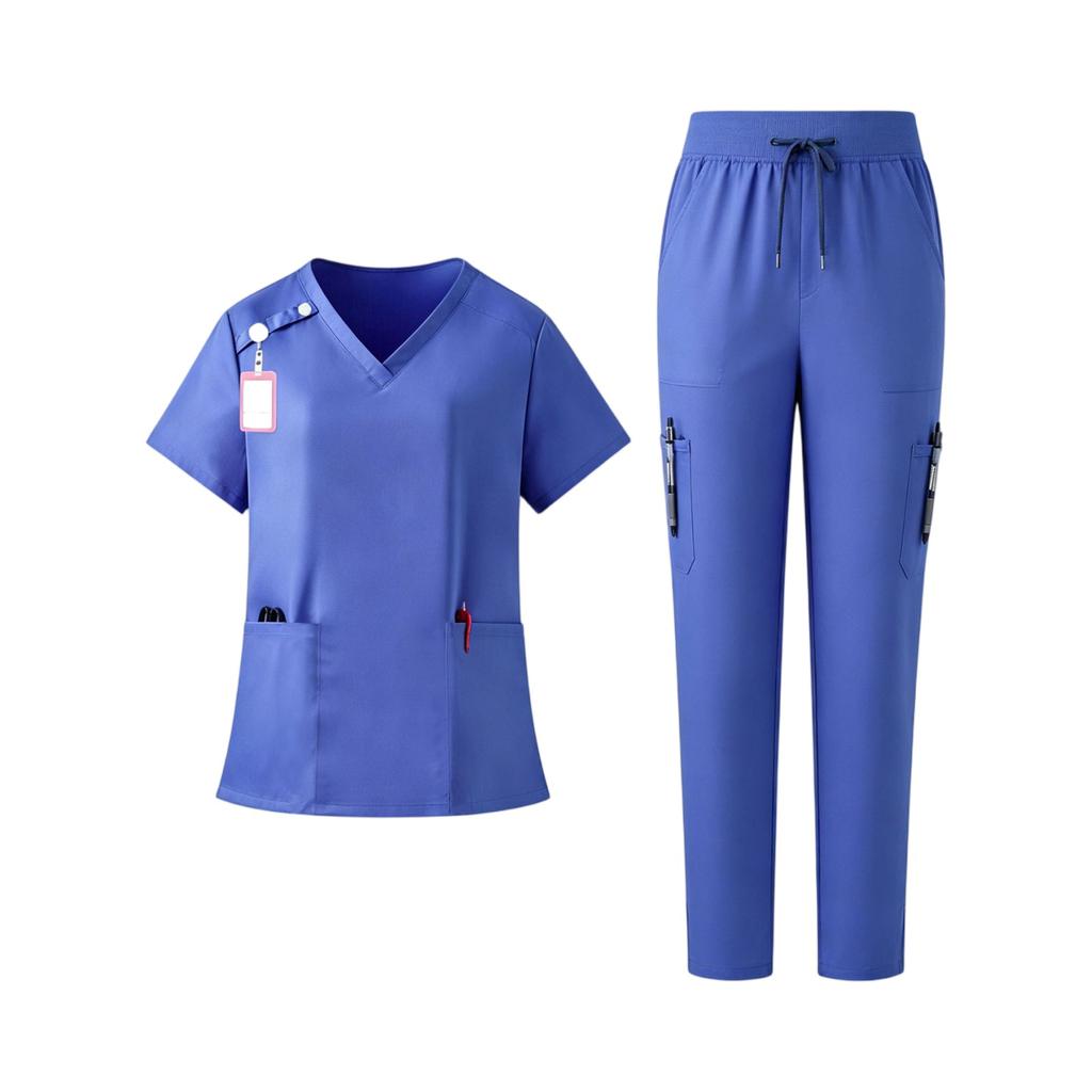Women's Set V-Neck Short Sleeve Top with Pockets and Drawstring Pants, Quick Dry Color Uniform for Healthcare Workers