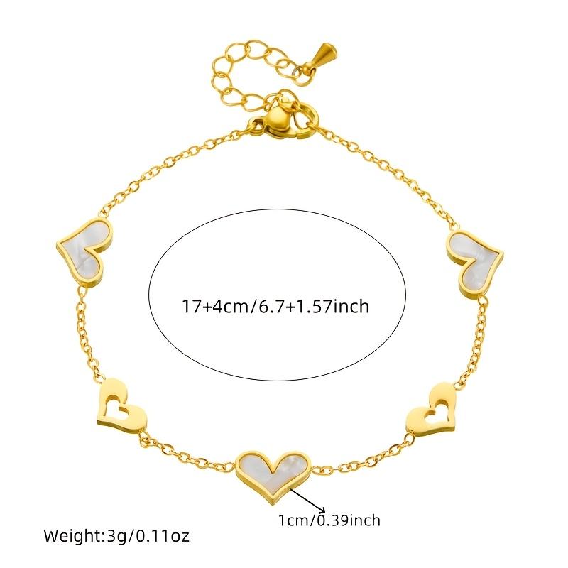 Gold Tone White Shell Heart Charm Bracelet – Dainty Stainless Steel Romantic Jewelry for Women, Adjustable Love Gift