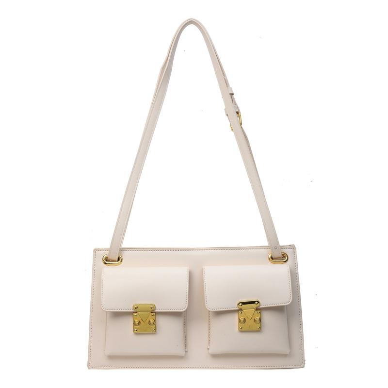 New Double Pocket Underarm Bag For Women Unique Design Retro Lock Buckle Single Shoulder Solid Color PU Crossbody Bag Trend
