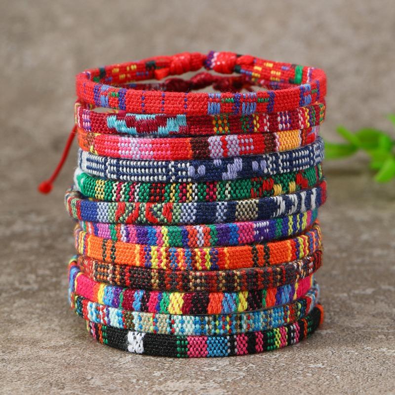 Hot-selling cotton men's and women's bohemian hand-woven bracelets, 12-piece set, colorful surf bracelets