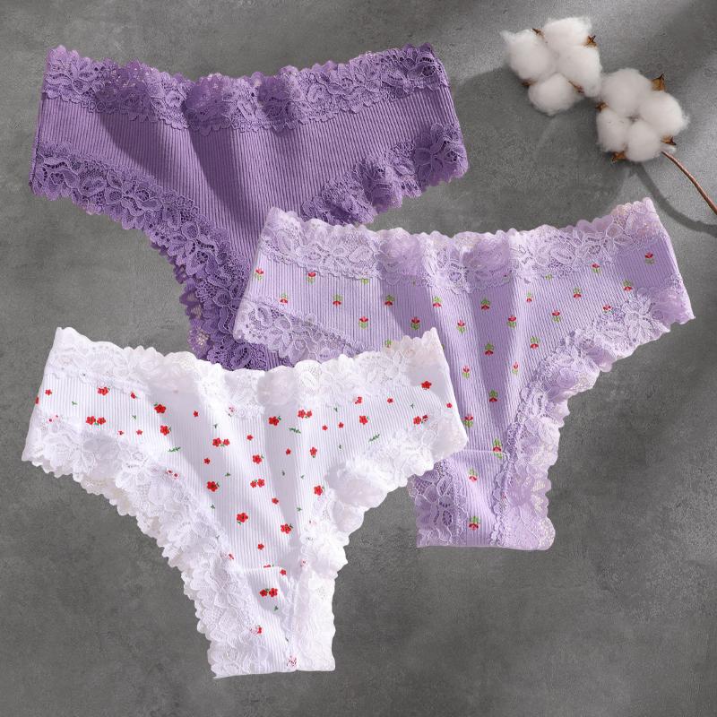 FINETOO 3Pcs Cotton Lace Patchwork Bikini Panties Women Seamless Floral Print Brazilian Pants Low Waist Breathable Female Sexy Lingerie