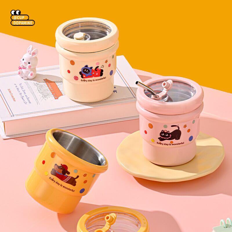 Cute Drinkware 304 Stainless Steel Mug Coffee Cup Dopamine Style Tea Cup Coffee Travel Mug Leakproof Drinking Cup With Straw розовый