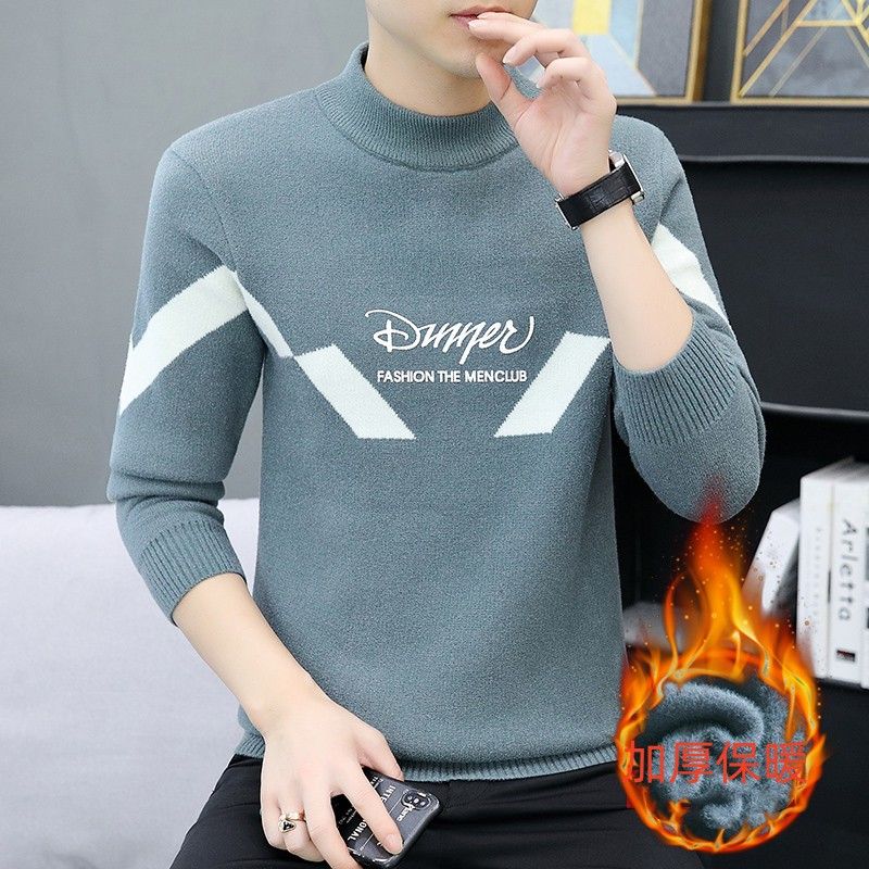 Men's Autumn Winter Turtleneck Flocking Letter Pullover Solid Long Sleeve Sweater Knitted Casual Undershirt Vintage Loose Tops