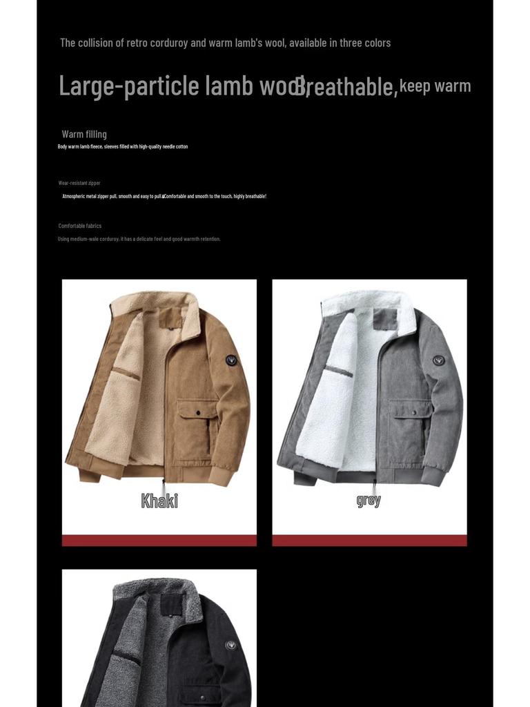 Men's Corduroy Stand Collar Jacket - Winter 2025. Warm Lambswool Lined, Casual Loose Fit Workwear.