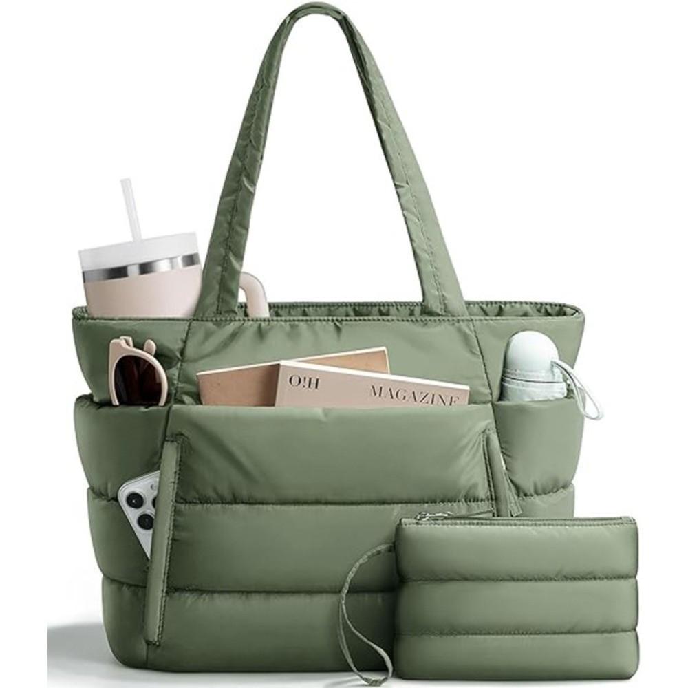 Large Capacity Puffer Tote Bag for Women with Coin Purse Water-resistant Puffy Handbag Casual Multiple Pockets Commuting Bags