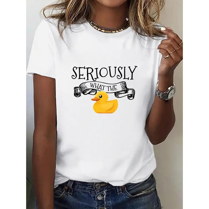Women Yellow Duck Text Print T-Shirt Short Sleeve Summer Autumn Casual Sports Outdoor Fashion Elegant Top