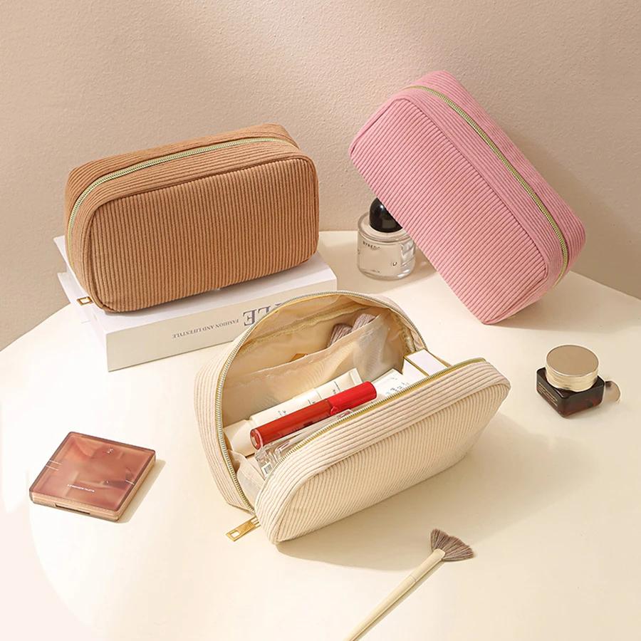 Women Cosmetic Bag Corduroy Solid Color Makeup Pouch Travel Portable Wash Toiletry Storage Bag Organizer Purse 2025 New